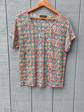 Tommy Bahama 100% Linen Boxy Fit Short Sleeve Floral Tee sz M Pink Blue